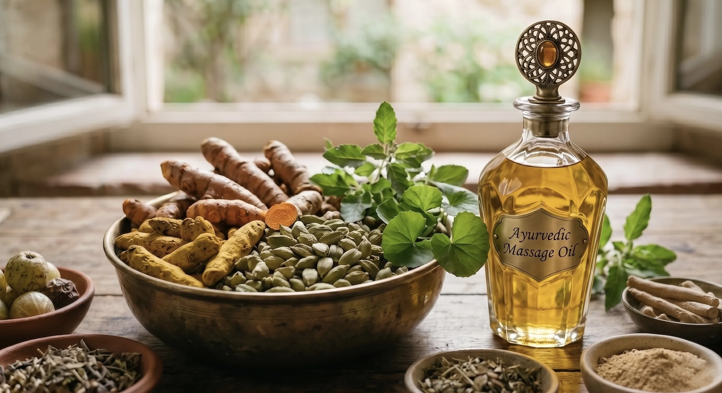 Ciotola in ottone con spezie ayurvediche e bottiglia di olio